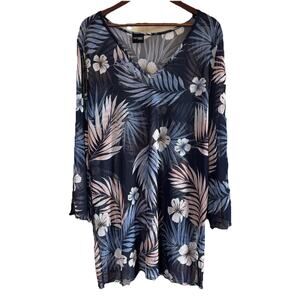 Cover Me Swim Beach Cover Up Long Sleeve Dress Blue Floral Sheer Stretch Size XL